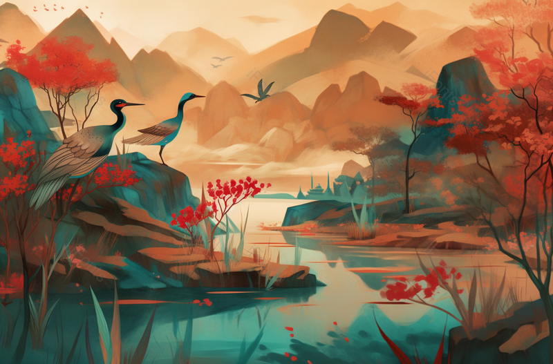 青绿山水两只仙鹤水墨画背景,插画/手绘图,插画/手绘图库,插画/手绘图下载,插画/手绘